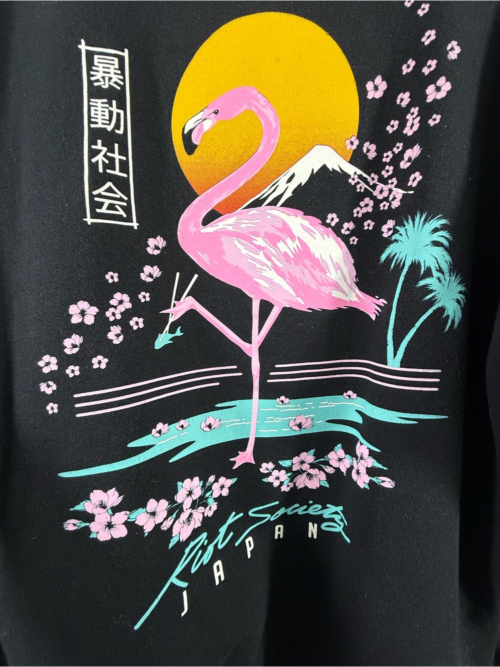 Riot Society Japan Flamingo Hoodie Black Sakura Graphic Pullover Large